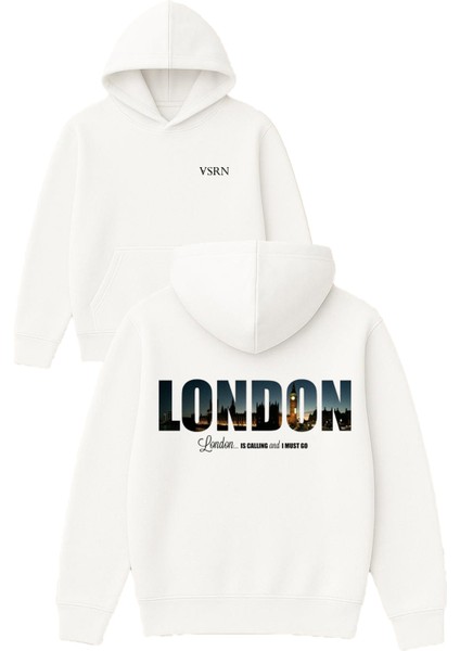 London Is Callıng Tasarım Baskılı Oversize Beyaz Kapüşonlu Sweatshirt