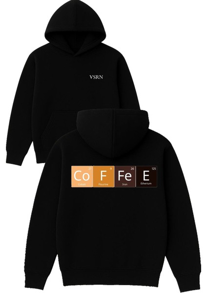 Coffee Element Tasarım Baskılı Oversize Siyah Kapüşonlu Sweatshirt