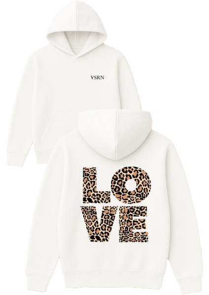 Leopar Desenli Love Tasarım Baskılı Oversize Beyaz Kapüşonlu Sweatshirt