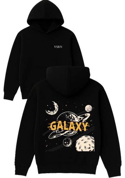 Galaxy Tasarım Baskılı Oversize Siyah Kapüşonlu Sweatshirt