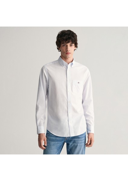 Erkek Mavi Regular Fit Çizgili Düğmeli Yaka Gömlek