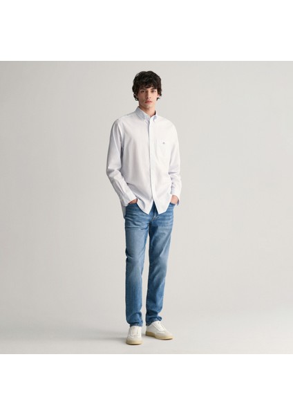 Erkek Mavi Regular Fit Çizgili Düğmeli Yaka Gömlek