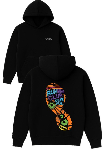 Runnıng Club Tasarım Baskılı Oversize Siyah Kapüşonlu Sweatshirt