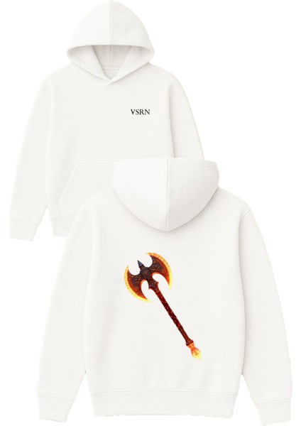 Ateş Baltası Tasarım Baskılı Oversize Beyaz Kapüşonlu Sweatshirt
