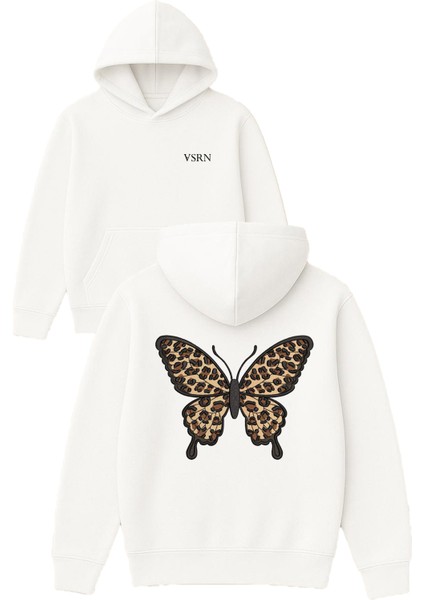 Leopar Desenli Kelebek Tasarım Baskılı Oversize Beyaz Kapüşonlu Sweatshirt