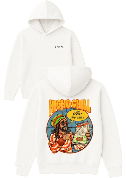 Hıgh And Chıll Tasarım Baskılı Oversize Beyaz Kapüşonlu Sweatshirt