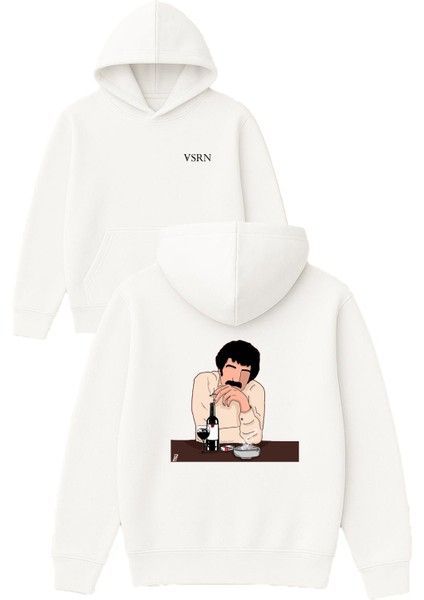 Müslüm Baba Tasarım Baskılı Oversize Beyaz Kapüşonlu Sweatshirt