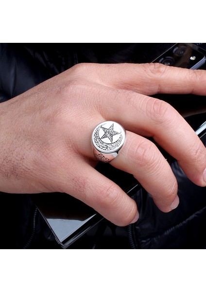 925 Ayar Gümüş Ayyıldız Model Kelime-I Tevhid Yazılı Erkek Yüzük
