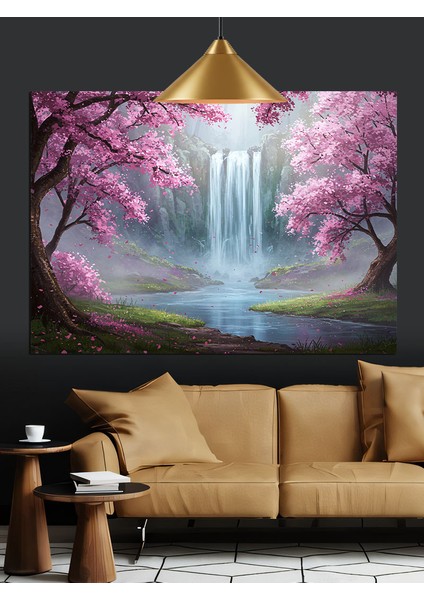 Çiçekli Şelale Ağaç Manzarası Dekoratif Kanvas - Mdf Ahşap Tablo