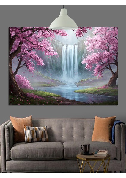 Çiçekli Şelale Ağaç Manzarası Dekoratif Kanvas - Mdf Ahşap Tablo modelleri