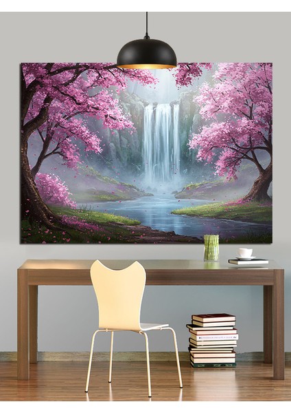 Çiçekli Şelale Ağaç Manzarası Dekoratif Kanvas - Mdf Ahşap Tablo fırsatları