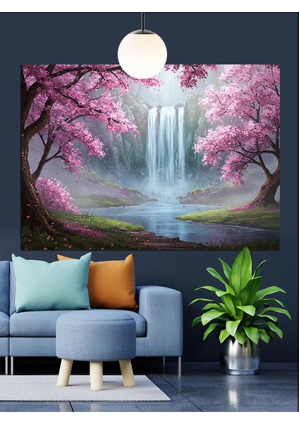 Çiçekli Şelale Ağaç Manzarası Dekoratif Kanvas - Mdf Ahşap Tablo indirimleri