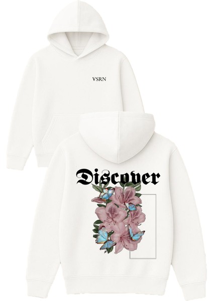 Discoper Tasarım Baskılı Oversize Beyaz Kapüşonlu Sweatshirt
