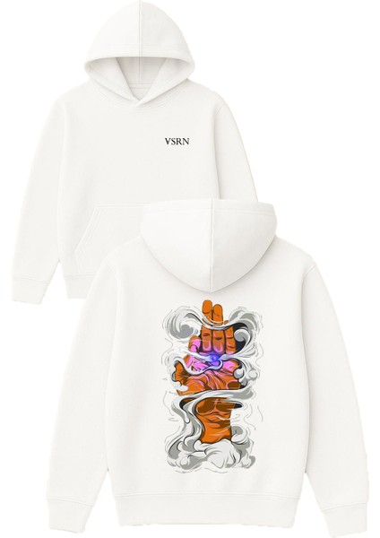 Elde Duman Tasarım Baskılı Oversize Beyaz Kapüşonlu Sweatshirt