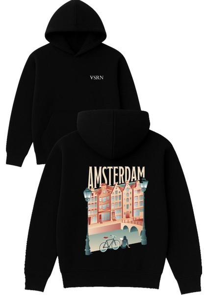 Amsterdam Bisiklet Tasarım Baskılı Oversize Siyah Kapüşonlu Sweatshirt