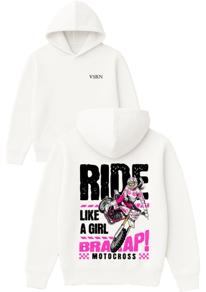 Motocross Girl Tasarım Baskılı Oversize Beyaz Kapüşonlu Sweatshirt
