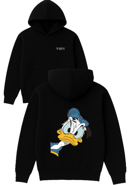 Duck Tasarım Baskılı Oversize Siyah Kapüşonlu Sweatshirt