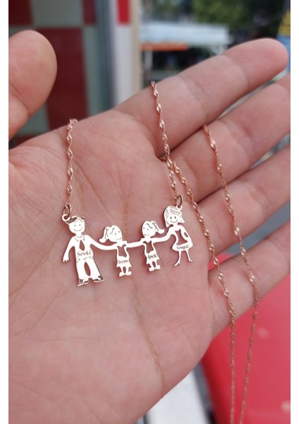 925 Ayar Gümüş Rose Altın Kaplama 4 Kişilik Aile Kolye