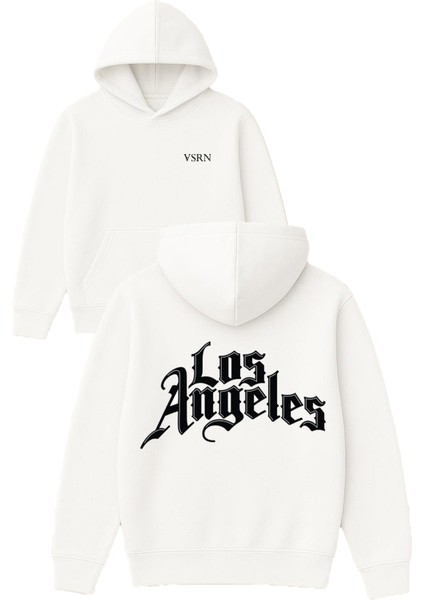 Los Angeles 1 Tasarım Baskılı Oversize Beyaz Kapüşonlu Sweatshirt