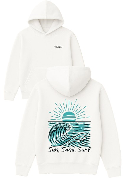 Sun Sand Surf Tasarım Baskılı Oversize Beyaz Kapüşonlu Sweatshirt