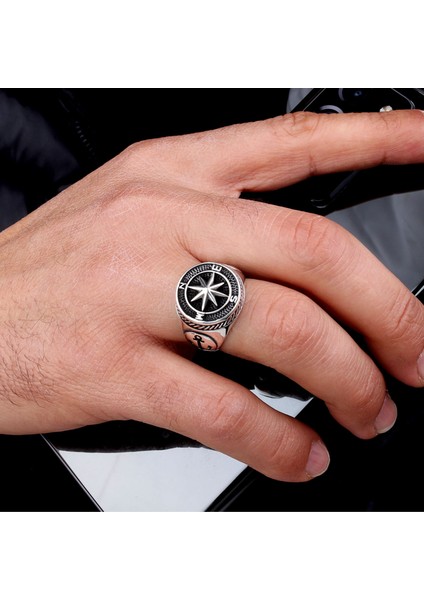 Deniz Çapası Pusula Model 925 Ayar Gümüş Erkek Yüzük