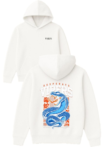 Mavi Yılan Tasarım Baskılı Oversize Beyaz Kapüşonlu Sweatshirt