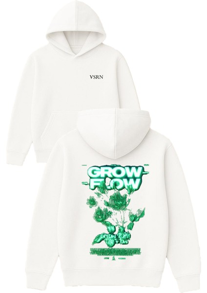 Grow Flow Tasarım Baskılı Oversize Beyaz Kapüşonlu Sweatshirt