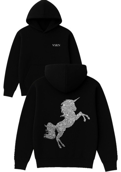 Tek Boynuzlu At Tasarım Baskılı Oversize Siyah Kapüşonlu Sweatshirt