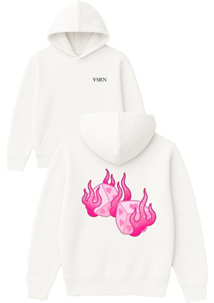 Zar Alevli Tasarım Baskılı Oversize Beyaz Kapüşonlu Sweatshirt