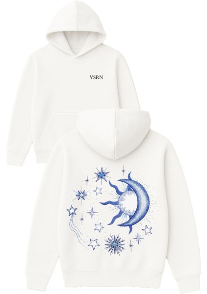 Ay ve Güneş Tasarım Baskılı Oversize Beyaz Kapüşonlu Sweatshirt