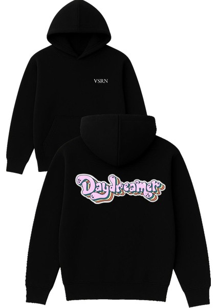 3 Boyutlu Daydreamer Tasarım Baskılı Oversize Siyah Kapüşonlu Sweatshirt