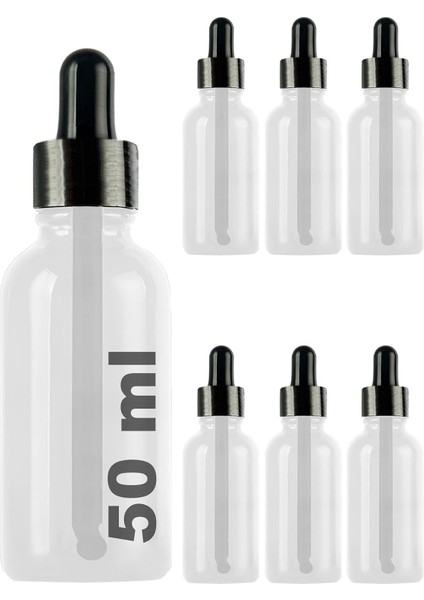 Afracam 50 ml Metal Kapaklı Damlalık Dropper Şişesi Serum 50 cc Cam Şişe 6 Adet (Siyah Kapak, Şeffaf)