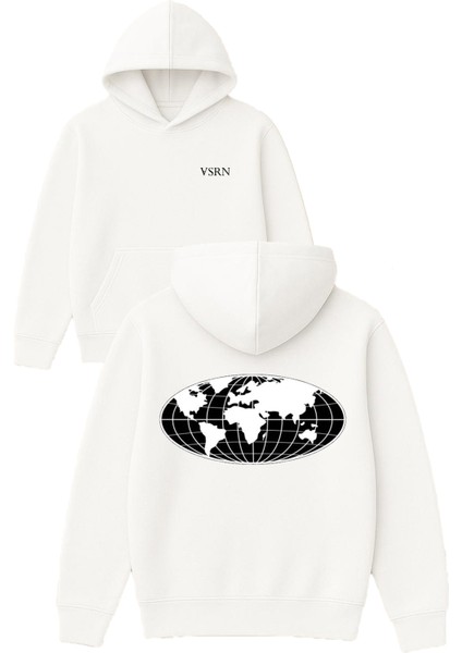 Dünya Haritası Tasarım Baskılı Oversize Beyaz Kapüşonlu Sweatshirt