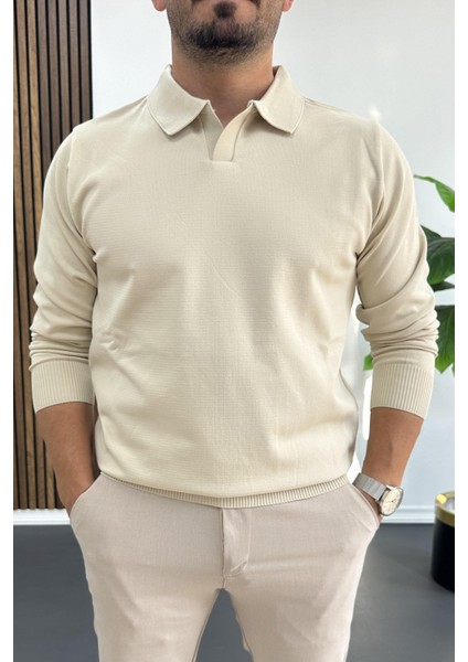 Erkek Açık Yaka Düz Desen Normal Kalıp Kazak Krem EDW423