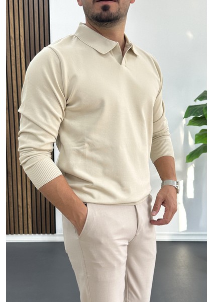 Erkek Açık Yaka Düz Desen Normal Kalıp Kazak Krem EDW423 fiyatları