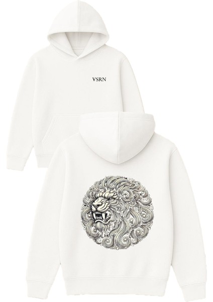 Aslan Kıvırcık Yelli Tasarım Baskılı Oversize Beyaz Kapüşonlu Sweatshirt