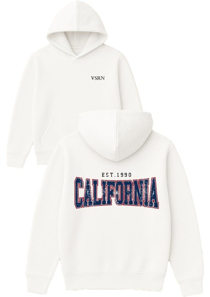 Calıfornıa Est 1990 Tasarım Baskılı Oversize Beyaz Kapüşonlu Sweatshirt
