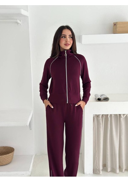 Kadın Fermuarlı Kapüşonlu Rahat Fit Iki Parça Set Eşofman Takımı