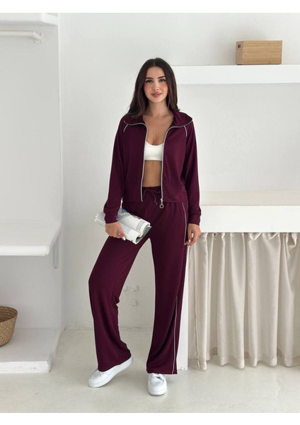 Kadın Fermuarlı Kapüşonlu Rahat Fit Iki Parça Set Eşofman Takımı