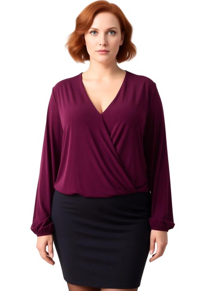 Moda Büyük Beden Kruvaze Örme Regular Düz Desen Casual Günlük Regular Uzun Kol Bluz