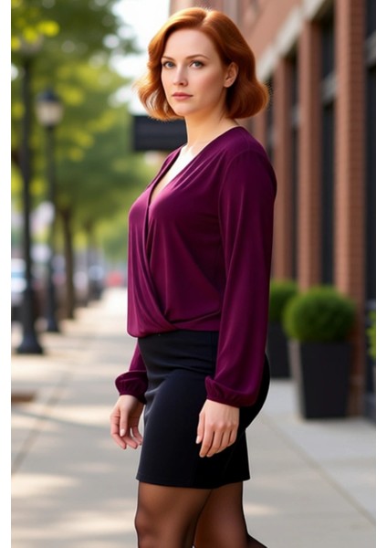 Moda Büyük Beden Kruvaze Örme Regular Düz Desen Casual Günlük Regular Uzun Kol Bluz modelleri