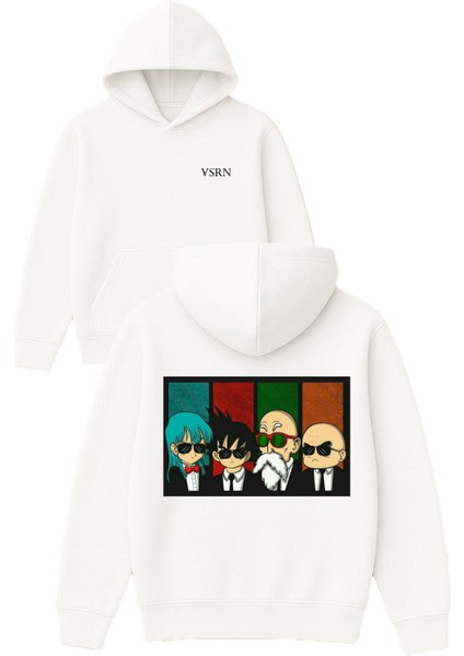 4 Ajan Takım Elbiseli Tasarım Baskılı Oversize Beyaz Kapüşonlu Sweatshirt
