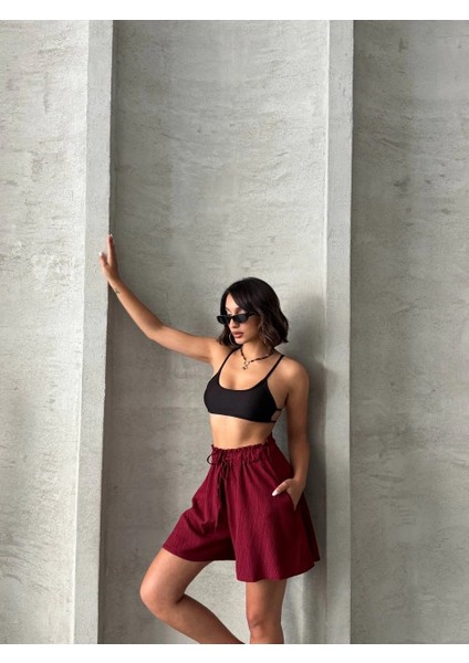 Volanlı Keten Şort Bordo S255058