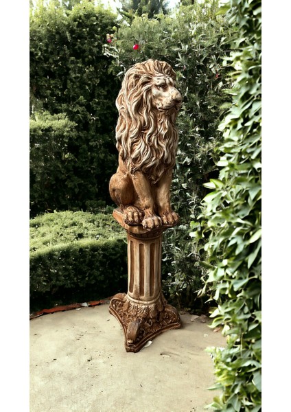 Dekoratif 53CM Eskitme Kahverengi Sütun ve Aslan Set Heykel Ev Balkon Bahçe Dekorasyon Bohem Biblo