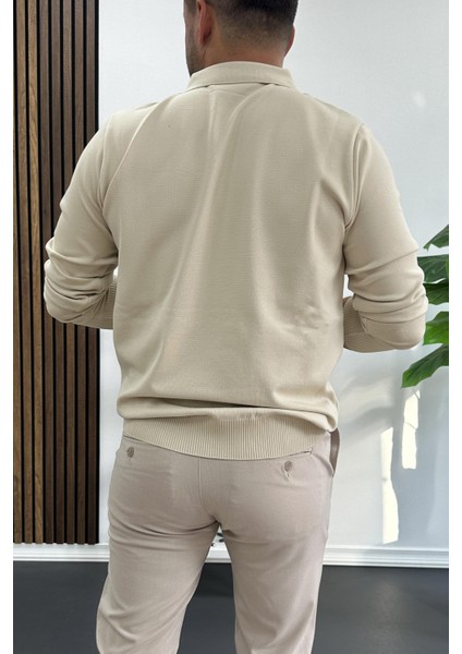 Erkek Açık Yaka Düz Desen Normal Kalıp Kazak Krem EDW423 modelleri