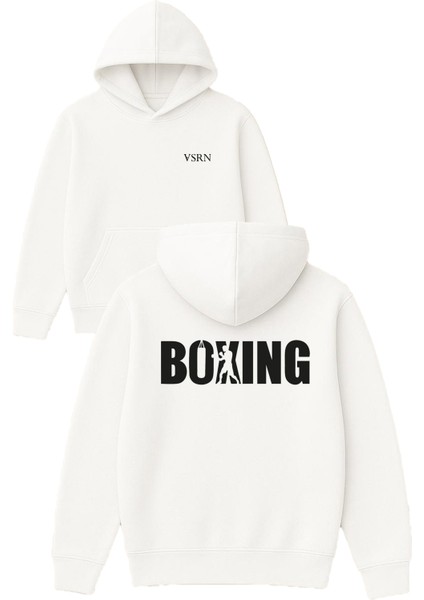Havalı Boxing Tasarım Baskılı Oversize Beyaz Kapüşonlu Sweatshirt