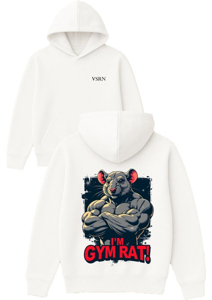 Im Gym Rat Tasarım Baskılı Oversize Beyaz Kapüşonlu Sweatshirt