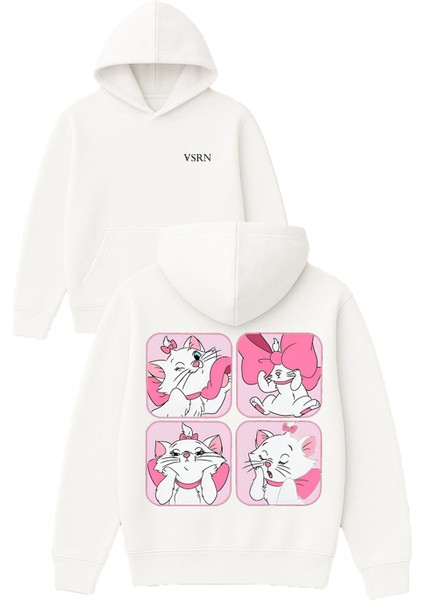 Tatlı Güzel Kedi Tasarım Baskılı Oversize Beyaz Kapüşonlu Sweatshirt