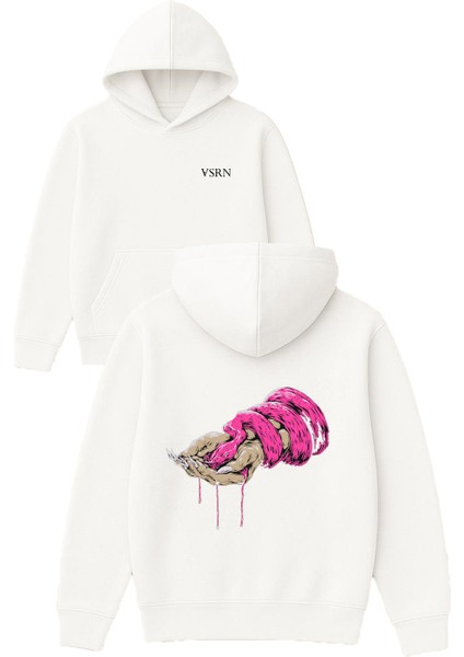 Pembe Yılanlı El Tasarım Baskılı Oversize Beyaz Kapüşonlu Sweatshirt