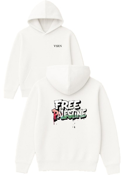 Free Palestine Tasarım Baskılı Oversize Beyaz Kapüşonlu Sweatshirt